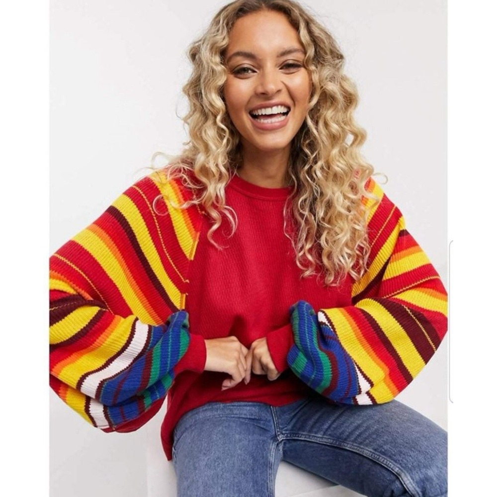 Free‎ People Sz S Rainbow Dreams Thermal Red Balloon Sleeve Oversized Boho Top